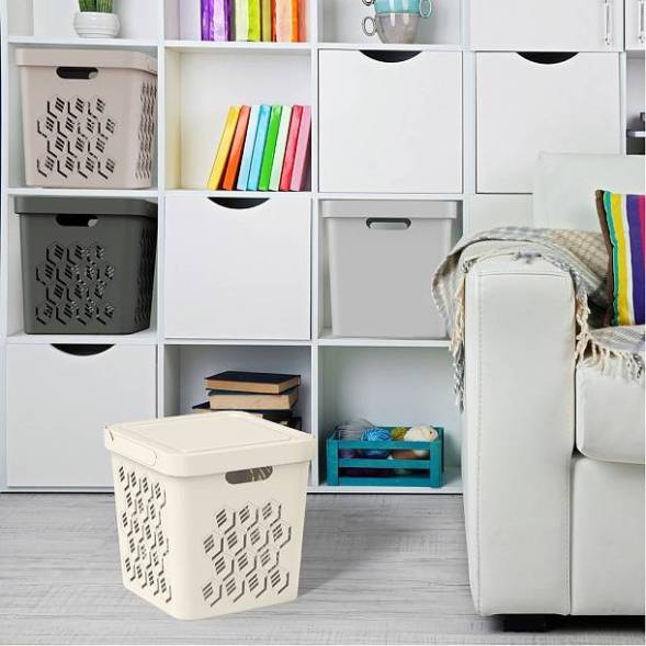 Ящик с крышкой универсальный Deluxe, 286x286x286 мм, 18л, светло-бежевый