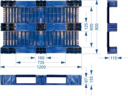 Паллет (поддон) пластиковый сплошной на 3-х полозьях, 1200x800х150 мм, синий [TR 1208-1]