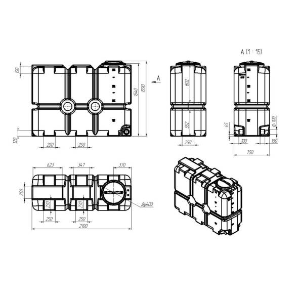 Емкость пластиковая для воды и дизельного топлива ST 2000 л с патрубками d100мм и резьбовой крышкой под плотность вещества до 1.0 г/см3, оранжевый
